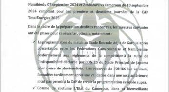 Cameroun-Namibie-la FECAFOOT ordonne aux Lions Indomptables de se rendre à l’Hôtel La Falaise Bonapriso à Douala
